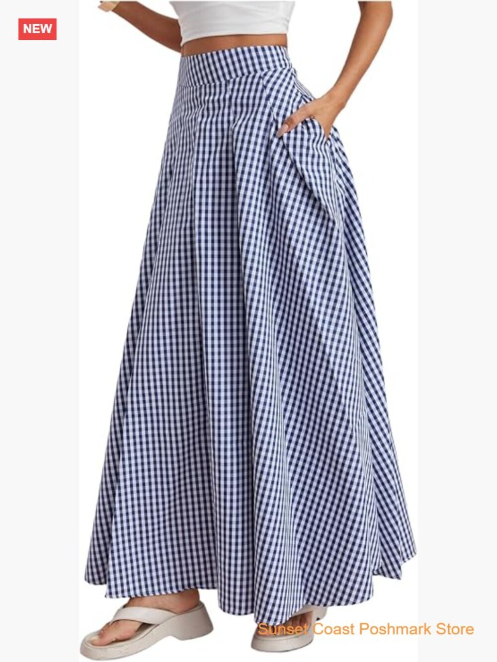 Gingham Maxi Skirt High Waist Flowy Loose Fit Y2k Long Skirts with Pocket
